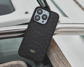 Snakeskin personalized black case, python leather monogram phone cover, leather phone cover, embossed leather protective case