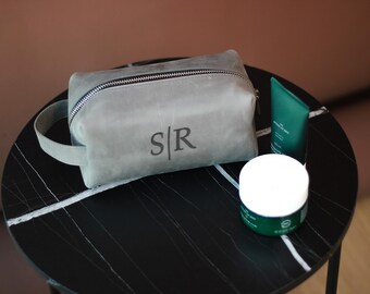 Brutal gray dopp kit, leather toiletry bag, makeup organizer, personalized cosmetic bag, shaving kit, leather makeup bag, fathers day gift