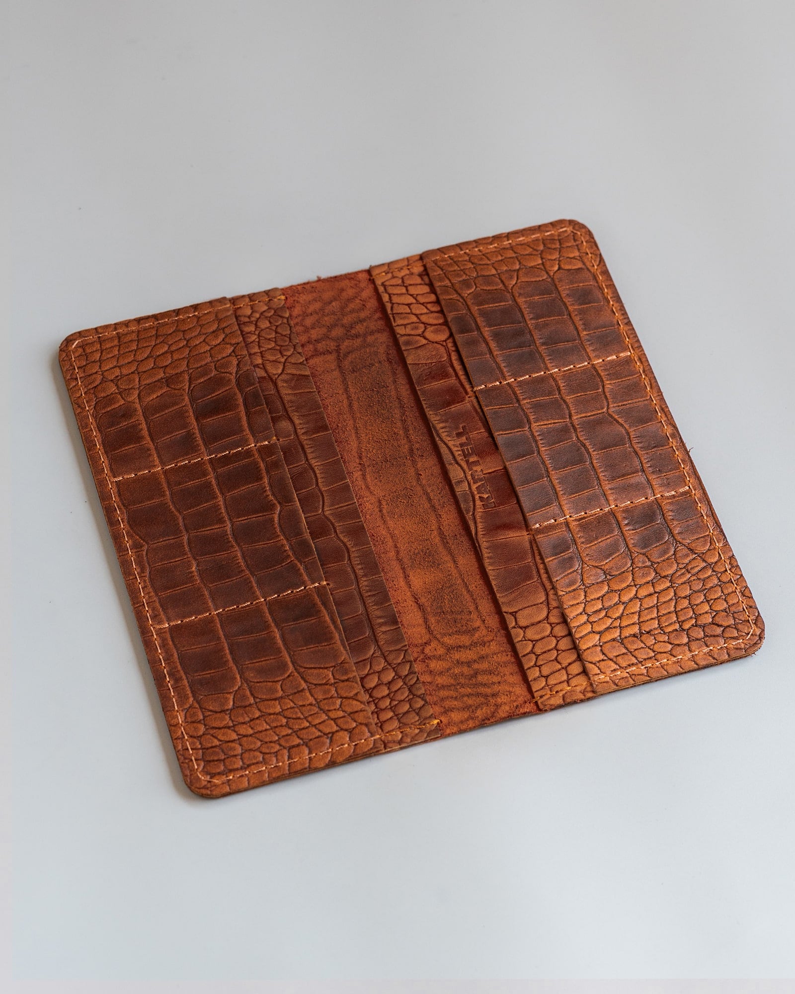 Ginger Crocodile Long Wallet, Crocodile-embossed Leather