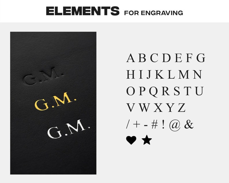 May include: A black leather surface with the initials "G.M." engraved in gold and silver. The image also shows a list of letters, numbers, and symbols that can be used for engraving.