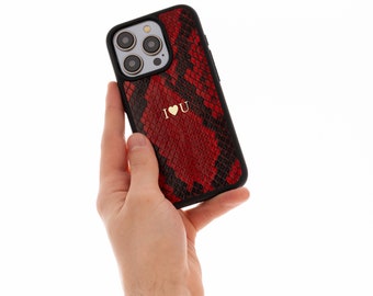 Red snakeskin iPhone 12 13 14 15 16 case, initial phone case, monogram phone case, personalized leather iPhone case, custom phone case