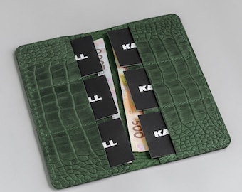 Cartera de piel de becerro con relieve de cocodrilo verde, cartera de piel personalizada para tarjetas de crédito, cartera larga hecha a mano, idea de regalo de Navidad, regalo de piel