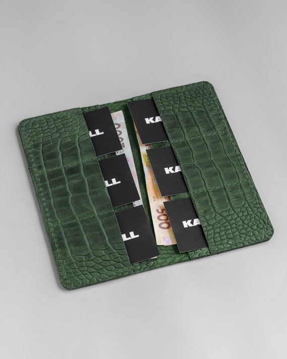 Dark Green Crocodile Long Wallet, Crocodile-embossed Leather