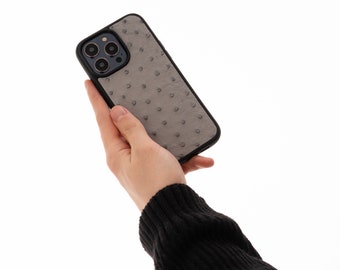 ダチョウのモノグラムの携帯電話ケース、ブルーのレザー製携帯電話