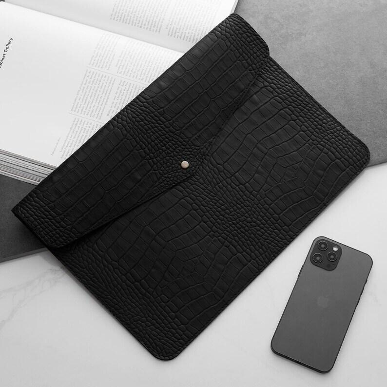 Dark green leather MacBook air case, crocodile embossed laptop sleeve, MacBook pro 12 13 14 15 16 case, personalized computer case image 10