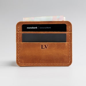 Cartera marrón personalizada para hombre, cartera minimalista, tarjetero de cuero, cartera delgada para hombre, tarjetero de cuero, regalo para novio