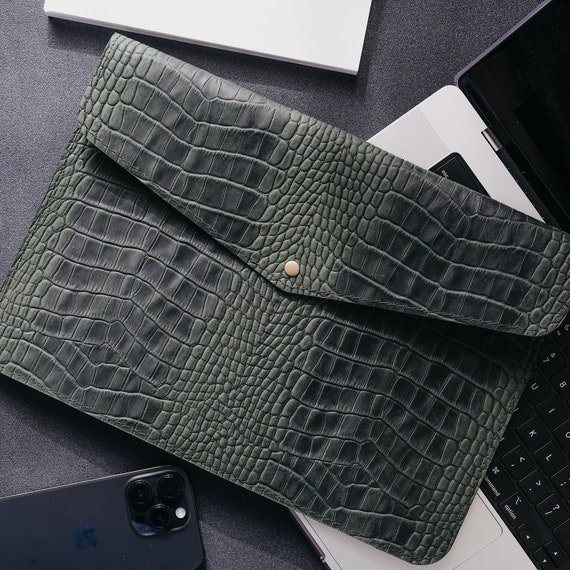 Dark green stylish laptop bag, MacBook sleeve case, leather notebook case, MacBook accessories, genuine leather case, Christmas gift for him