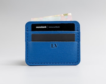 Blue Leather Card Holder, Business Card Wallet, Personalized Card Holder, Genuine Leather Card Holder, Gift for Husband