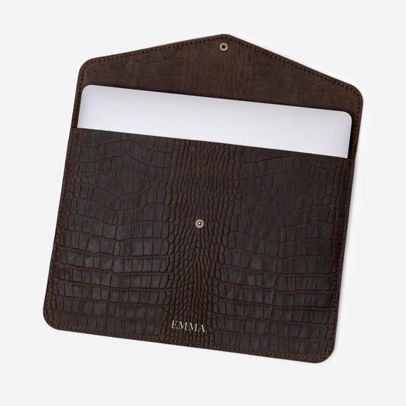 Personalized Dark Brown Crocodile Embossed Leather MacBook Sleeve, 3rd Anniversary Gift