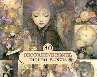 Digitalt papperspaket med pastellfärgade vintagemotiv, fantasi, skräpjournalmaterial, jugendbakgrunder, blommig scrapbooking