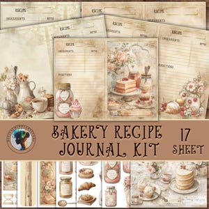 May include: A vintage-style bakery recipe journal kit with 17 sheets. The pages feature watercolor illustrations of baked goods, jars, and flowers. The journal includes recipe templates with spaces for ingredients, directions, and notes. The overall color palette is soft, with beige and brown tones.