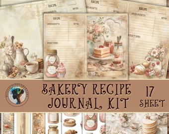 Könnte beinhalten: Ein Vintage-Bäckerei-Rezept-Journal-Kit mit 17 Blättern. Die Seiten zeigen Aquarellillustrationen von Backwaren, Gläsern und Blumen. Das Journal enthält Rezeptvorlagen mit Platz für Zutaten, Anweisungen und Notizen. Die Farbpalette ist weich, mit Beige- und Brauntönen.