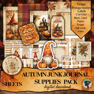 Op de afbeelding: Een digitaal downloadpakket met herfst-thema junk journal benodigdheden. Het pakket bevat tickets, labels, uitknippatronen, papieren en afbeeldingen met herfstwoorden en folio's. Het ontwerp toont kabouters, pompoenen en de tekst "Autumn Junk Journal Supplies Pack".