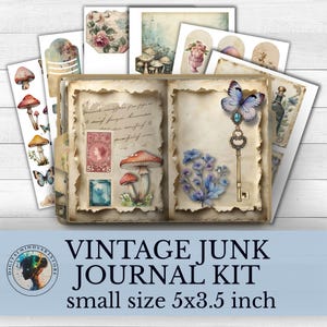 May include: A vintage junk journal kit, small size 12.7x8.9 cm. The kit features pages with illustrations of mushrooms, butterflies, flowers, and a key with a butterfly. The kit has a distressed, antique aesthetic.