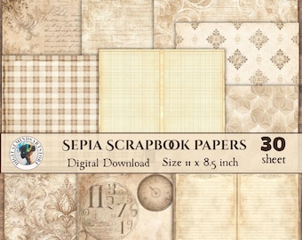 Sepia scrapbookingpapperspaket, neutral efemera digital nedladdning, antika skrivpapper, rutnät och damastark