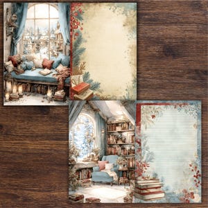 Op de afbeelding: Waterverfillustraties van gezellige leeshoeken met boeken, kussens en winterse taferelen. De afbeeldingen hebben een warm kleurenpalet met blauwe, rode en bruine tinten. Ideaal voor briefpapier, scrapbooking of andere papierambachten.