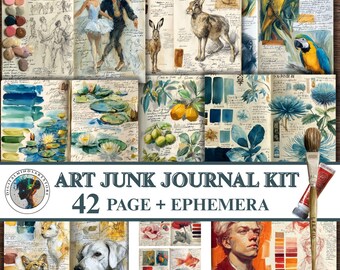 Könnte beinhalten: Eine Sammlung von Kunstjournalseiten mit verschiedenen Illustrationen, darunter Tänzer, Tiere und botanische Studien. Das Kit enthält 42 Seiten und Ephemera, mit einem Pinsel und Farbtuben. Der Text "ART JUNK JOURNAL KIT" ist zu sehen.