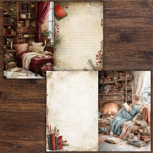 Op de afbeelding: Waterverfillustratie van briefpapier met een gezellig bibliotheekthema. De afbeelding toont gelijnd papier, een vintage boek en een sc&egrave;ne van een persoon die bij een open haard leest. Het kleurenpalet omvat warme rood-, bruin- en cr&egrave;metinten.