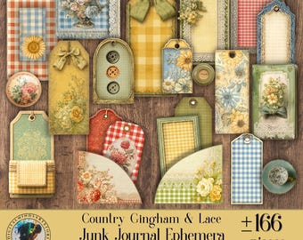Skräpjournal med lantlig gingham och spets – 166+ utskrivbara delar