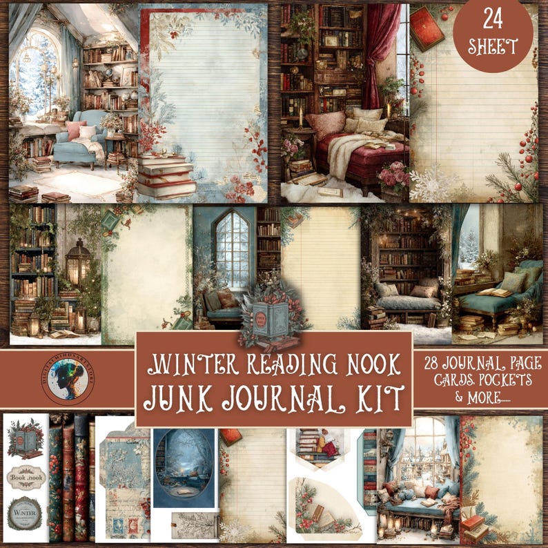 Op de afbeelding: Een junk journal kit met een winterleeshoek thema. De afbeelding toont 24 vellen met illustraties van gezellige leeshoeken, gelinieerde pagina's en decoratieve elementen. De tekst op de afbeelding luidt "Winter Reading Nook Junk Journal Kit" en "28 Journal, Page Cards Pockets & More."