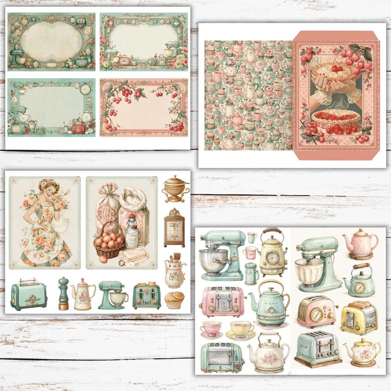 Retro Kitchen Junk Journal Kit, Vintage Recipe Cards Printable, Gingham ...