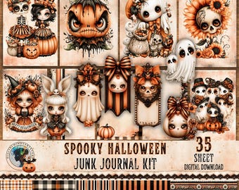 Spöklikt Halloween-skräpjournalkit, gotiskt scrapbookpapper, journalsidor med pumpa och spöken
