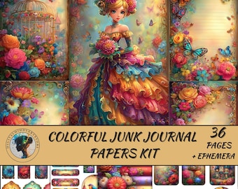 Colorful Junk Journal Kit,Rainbow Ephemera Pack,Printable Journaling Supplies