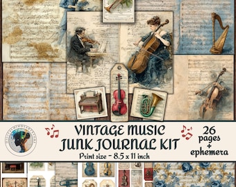 Skräppostdagbok med vintagemusik, utskrivbara sidor, ephemera, viktorianska noter