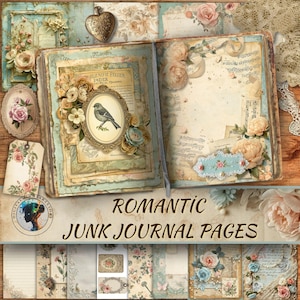 Op de afbeelding: Romantische junk journal pagina's met een vintage esthetiek. Het open boek heeft bloemversieringen, een vogelillustratie en verouderde papiertexturen. Extra elementen zijn labels, frames en een hartvormig medaillon, allemaal in zachte pastelkleuren.