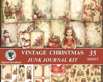 Vintage julskräpjournalkit, viktorianska julklippbokspapper, högtidsephemera, utskrivbara journalsidor