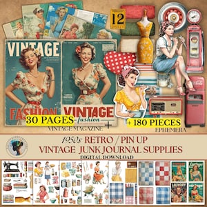 May include: A collection of vintage ephemera and digital downloads with a retro 1950s theme. Includes magazine covers, pin-up illustrations, and various decorative elements. The text on the magazine covers reads "VINTAGE" and "FASHION VINTAGE".
