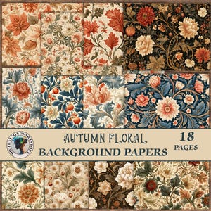 Pode incluir: Uma coleção de 18 papéis de fundo digitais com padrões florais de outono em tons de laranja, creme, azul e preto. O texto diz: Digital Minds Art Store, Autumn Floral, 18 Pages, Background Papers. Os designs incluem flores, folhas e vinhas.