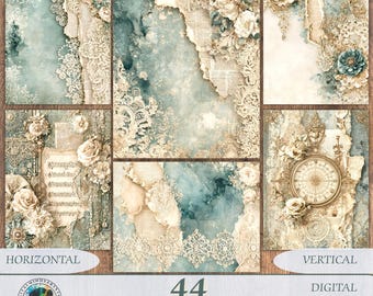 Vintage Teal Junk Journal Kit, 44 slitna sidor digital nedladdning