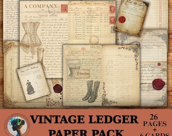 Vintage Ledger Paper Pack, Ephemera Cards (Digital Download)
