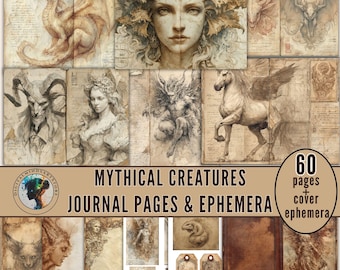 Skräppostdagbok med mytiska varelser – Vintage Fantasy Ephemera Pages