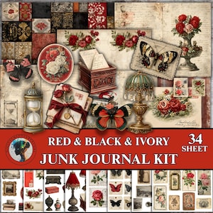 Red, Black, Ivory Junk Journal Kit, 34 printable Sheets