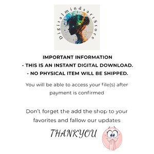 Op de afbeelding: Witte achtergrond met tekst en logo. Het logo toont een silhouet van een vrouwenhoofd met kleurrijke accenten. Tekst bevat "IMPORTANT INFORMATION", "THIS IS AN INSTANT DIGITAL DOWNLOAD" en "THANK YOU". Een lachende emoji is ook aanwezig.
