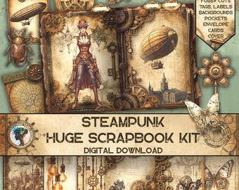 Steampunk scrapbooking-kit, utskrivbara papper, digital nedladdning