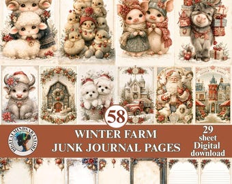 Vintergårdsskräpjournalsidor, nyckfullt juljournalkit, digitalt djurpapper