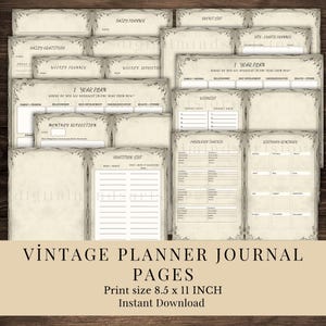 Páginas de diario vintage, planificador diario, gratitud, objetivos, planificador DIY, papeles vintage, lista de deseos, lista de compras, descarga digital
