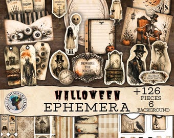 Halloween-ephemerapaket, läskigt skräpjournalkit, utskrivbara gotiska etiketter och fickor