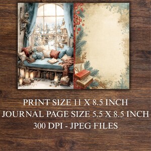 Op de afbeelding: Waterverfprint met een gezellige leeshoek met een raam dat uitkijkt op een besneeuwd dorp. De print bevat een journaalpagina met tekst: PRINT SIZE 11 X 8.5 INCH, JOURNAL PAGE SIZE 5.5 X 8.5 INCH, 300 DPI - JPEG FILES.
