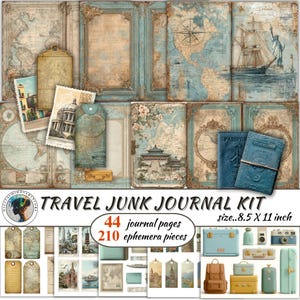 May include: A travel junk journal kit with 44 journal pages and 210 ephemera pieces. The kit includes pages with world maps, vintage travel images, and passport covers. The size is 21.6 x 27.9 cm.