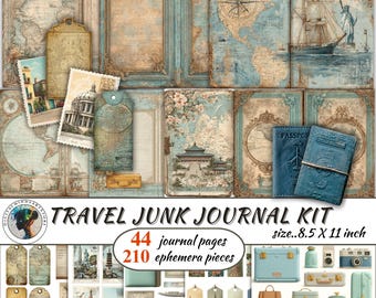May include: A travel junk journal kit with 44 journal pages and 210 ephemera pieces. The kit includes pages with world maps, vintage travel images, and passport covers. The size is 8.5 x 11 inches.