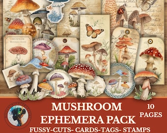 Svamp-ephemerapaket, för skräpjournaling, scrapbooking och naturtema-pyssel, utskrivbara papper
