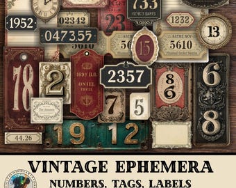 Efímeras vintage, etiquetas, rótulos y números, imprimibles para diarios basura, kit de scrapbooking digital
