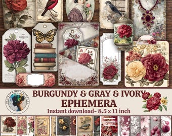 Vinrödgrått Ephemera-kit – Victorian Junk Journal, Taggar (digital nedladdning)