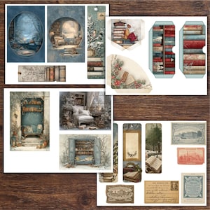 Op de afbeelding: Een verzameling vintage papieren ephemera met illustraties van gezellige leeshoeken, boekenkasten en winterse sc&egrave;nes. Inclusief bladwijzers, labels en decoratieve elementen in een gedempte kleurenreeks van blauw, groen en bruin.