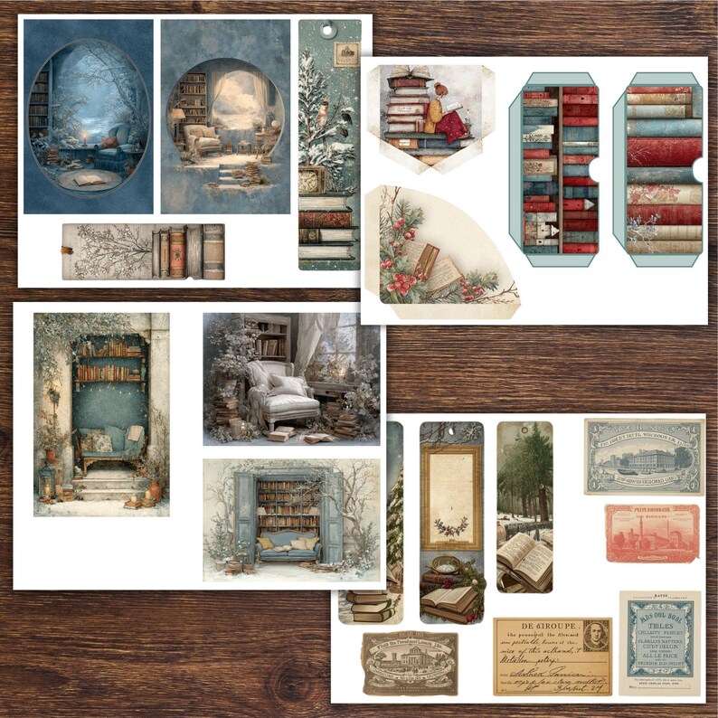 Op de afbeelding: Een verzameling vintage papieren ephemera met illustraties van gezellige leeshoeken, boekenkasten en winterse sc&egrave;nes. Inclusief bladwijzers, labels en decoratieve elementen in een gedempte kleurenreeks van blauw, groen en bruin.