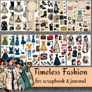 Álbum de recortes de moda atemporal, pegatinas de diario, corte recargado, diario de moda, moda de álbum de recortes, moda vintage, pegatinas de álbum de recortes